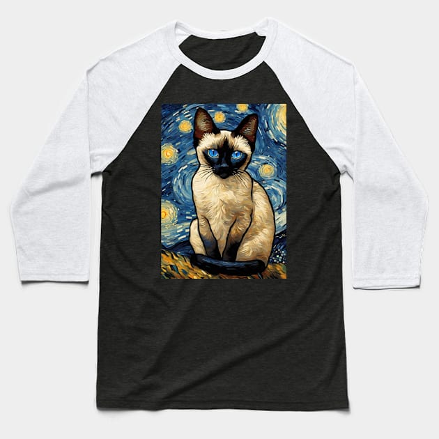 Siamese Cat Breed Painting in a Van Gogh Starry Night Art Style Baseball T-Shirt by Art-Jiyuu